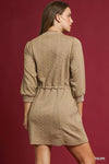 Taupe Drawstring Cable Knit Mini Dress-Taupe Drawstring Cable Knit Mini Dress with Pockets. This cable knit mini dress features a drawstring waist and convenient pockets for a cozy and practical look.