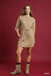 Taupe Drawstring Cable Knit Mini Dress-Taupe Drawstring Cable Knit Mini Dress with Pockets. This cable knit mini dress features a drawstring waist and convenient pockets for a cozy and practical look.