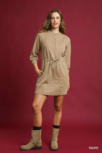 Taupe Drawstring Cable Knit Mini Dress-Taupe Drawstring Cable Knit Mini Dress with Pockets. This cable knit mini dress features a drawstring waist and convenient pockets for a cozy and practical look.
