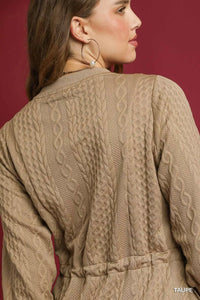 Taupe Drawstring Cable Knit Mini Dress-Taupe Drawstring Cable Knit Mini Dress with Pockets. This cable knit mini dress features a drawstring waist and convenient pockets for a cozy and practical look.