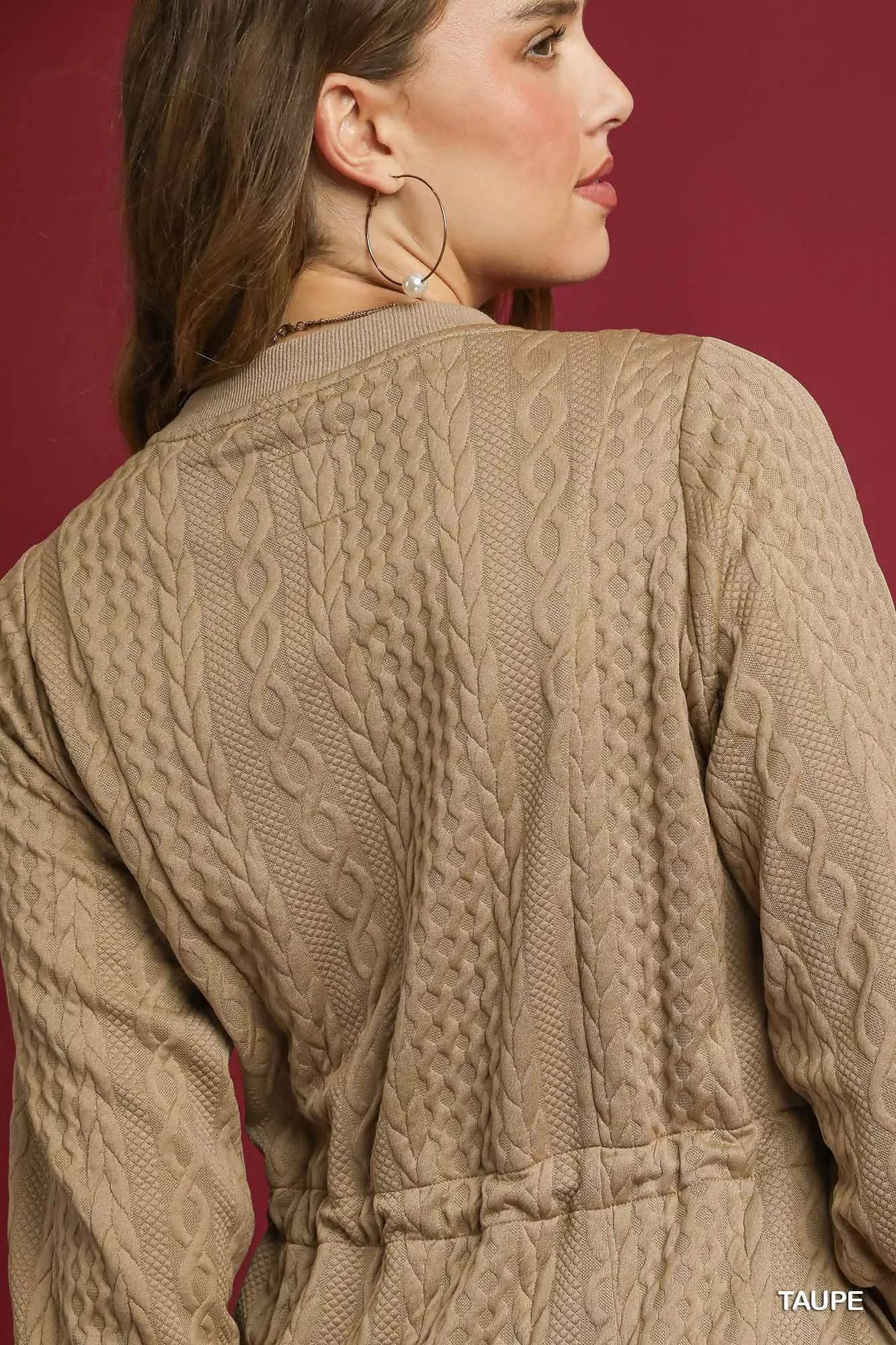 Taupe Drawstring Cable Knit Mini Dress-Taupe Drawstring Cable Knit Mini Dress with Pockets. This cable knit mini dress features a drawstring waist and convenient pockets for a cozy and practical look.