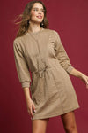 Taupe Drawstring Cable Knit Mini Dress-Taupe Drawstring Cable Knit Mini Dress with Pockets. This cable knit mini dress features a drawstring waist and convenient pockets for a cozy and practical look.