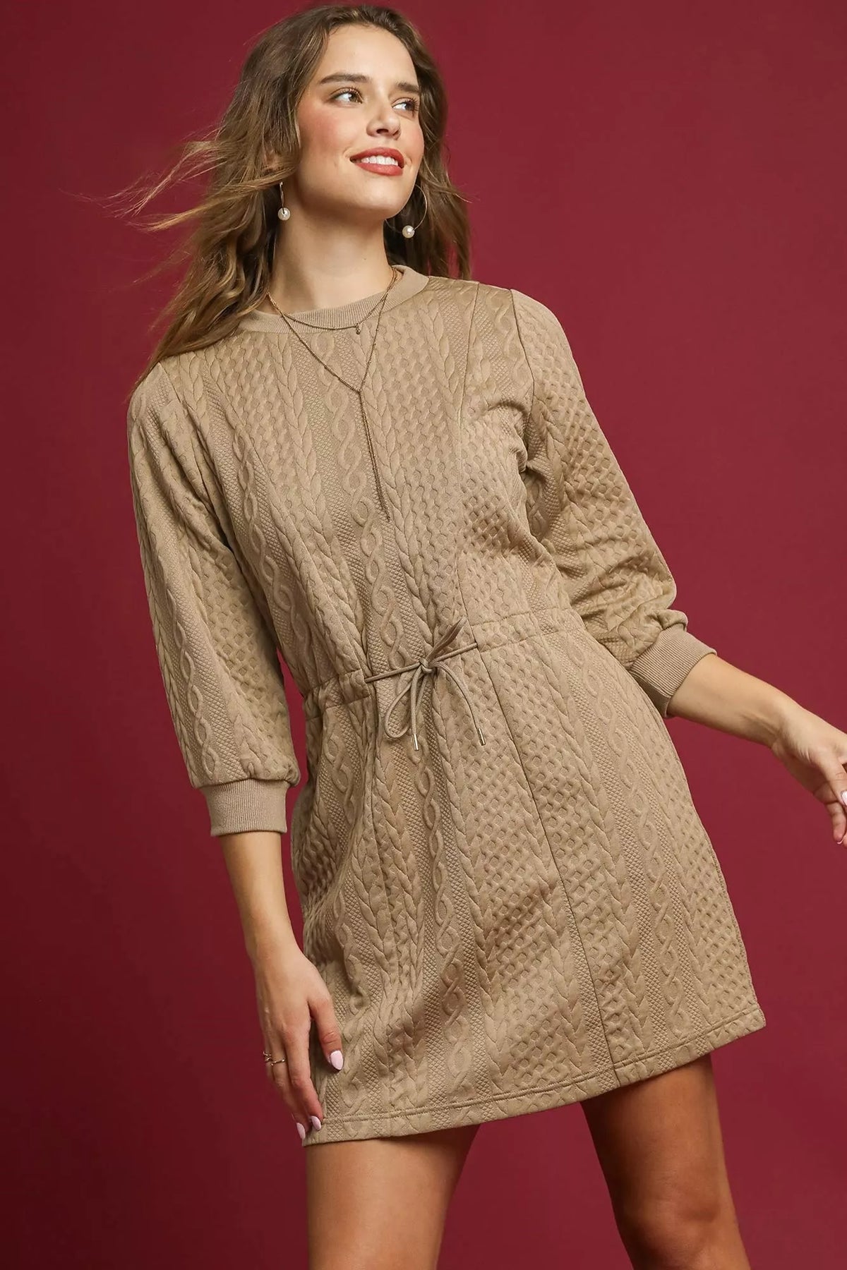 Taupe Drawstring Cable Knit Mini Dress-Taupe Drawstring Cable Knit Mini Dress with Pockets. This cable knit mini dress features a drawstring waist and convenient pockets for a cozy and practical look.