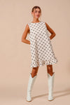 Texture Bow Printed Ruffle Mini Dress-Chic black & white bow print mini dress with a playful ruffle hem. Sleeveless & lightweight for effortless summer style, perfect for day or night outings.-Reef Love Boho-Chic Boutique