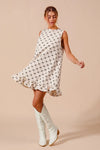 Texture Bow Printed Ruffle Mini Dress-Chic black & white bow print mini dress with a playful ruffle hem. Sleeveless & lightweight for effortless summer style, perfect for day or night outings.-Reef Love Boho-Chic Boutique
