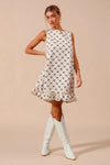 Texture Bow Printed Ruffle Mini Dress-Chic black & white bow print mini dress with a playful ruffle hem. Sleeveless & lightweight for effortless summer style, perfect for day or night outings.-Reef Love Boho-Chic Boutique