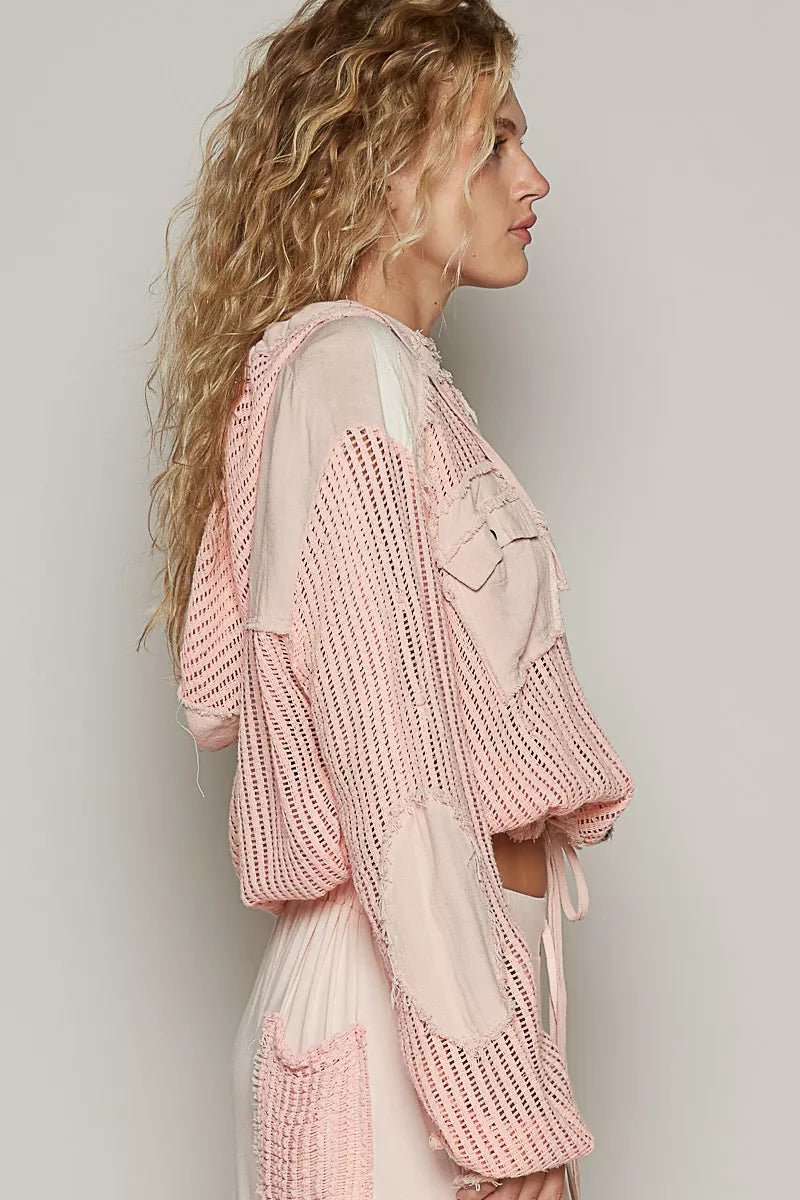 Texture Woven Button Down Hooded Shirt with Drawstring Hem - Reef Love