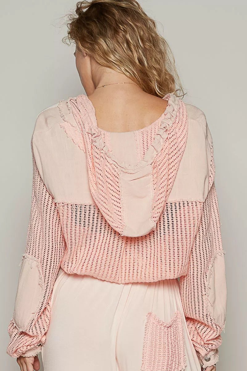 Texture Woven Button Down Hooded Shirt with Drawstring Hem - Reef Love