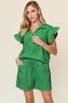 Women's green Textured, stretchy, and comfy flounce sleeve top and drawstring shorts set. This set is perfect for a travel day, or out running around town, the set can also be dressed up with heels and accessories for versatility while on the go - Reef Love