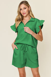Women's green Textured, stretchy, and comfy flounce sleeve top and drawstring shorts set. This set is perfect for a travel day, or out running around town, the set can also be dressed up with heels and accessories for versatility while on the go - Reef Love