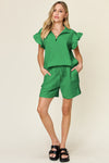 Women's green Textured, stretchy, and comfy flounce sleeve top and drawstring shorts set. This set is perfect for a travel day, or out running around town, the set can also be dressed up with heels and accessories for versatility while on the go - Reef Love