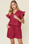 Women's Textured, stretchy, and comfy flounce sleeve top and drawstring shorts set. This set is perfect for a travel day, or out running around town, the set can also be dressed up with heels and accessories for versatility while on the go - Reef Love