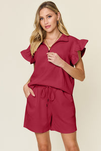 Women's Textured, stretchy, and comfy flounce sleeve top and drawstring shorts set. This set is perfect for a travel day, or out running around town, the set can also be dressed up with heels and accessories for versatility while on the go - Reef Love