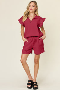 Women's Textured, stretchy, and comfy flounce sleeve top and drawstring shorts set. This set is perfect for a travel day, or out running around town, the set can also be dressed up with heels and accessories for versatility while on the go - Reef Love