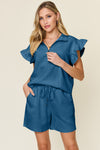 Women's Textured, stretchy, and comfy flounce sleeve top and drawstring shorts set. This set is perfect for a travel day, or out running around town, the set can also be dressed up with heels and accessories for versatility while on the go - Reef Love