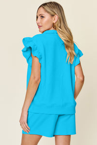 Women's Textured, stretchy, and comfy flounce sleeve top and drawstring shorts set. This set is perfect for a travel day, or out running around town, the set can also be dressed up with heels and accessories for versatility while on the go - Reef Love