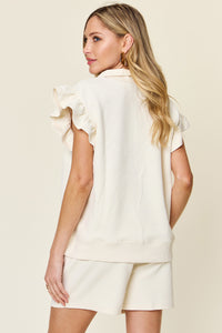 Women's Textured, stretchy, and comfy flounce sleeve top and drawstring shorts set. This set is perfect for a travel day, or out running around town, the set can also be dressed up with heels and accessories for versatility while on the go - Reef Love