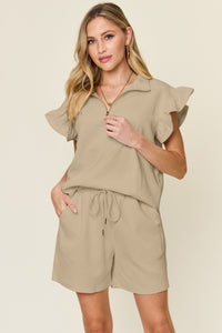 Women's Textured, stretchy, and comfy flounce sleeve top and drawstring shorts set. This set is perfect for a travel day, or out running around town, the set can also be dressed up with heels and accessories for versatility while on the go - Reef Love