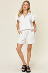 Women's Textured, stretchy, and comfy flounce sleeve top and drawstring shorts set. This set is perfect for a travel day, or out running around town, the set can also be dressed up with heels and accessories for versatility while on the go - Reef Love