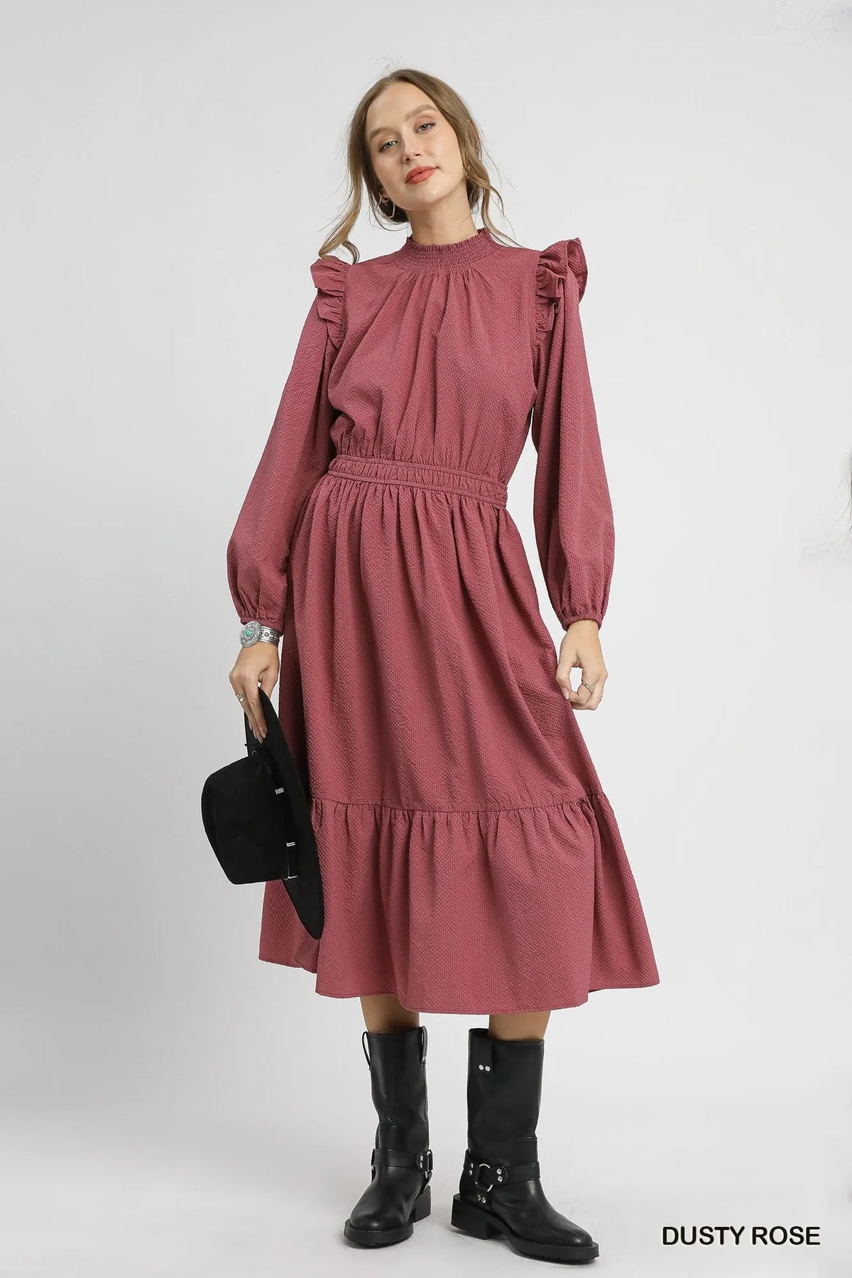 Textured Midi Dress with Ruffle Shoulder Detail, Dusty Rose-The Textured Midi Dress with Ruffle Shoulder Detail is a sophisticated and elegant choice for any occasion. With its unique textured fabric and ruffle shoulders.-Reef Love