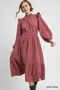 Textured Midi Dress with Ruffle Shoulder Detail, Dusty Rose-The Textured Midi Dress with Ruffle Shoulder Detail is a sophisticated and elegant choice for any occasion. With its unique textured fabric and ruffle shoulders.-Reef Love