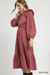 Textured Midi Dress with Ruffle Shoulder Detail, Dusty Rose-The Textured Midi Dress with Ruffle Shoulder Detail is a sophisticated and elegant choice for any occasion. With its unique textured fabric and ruffle shoulders.-Reef Love