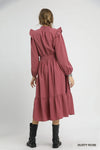 Textured Midi Dress with Ruffle Shoulder Detail, Dusty Rose-The Textured Midi Dress with Ruffle Shoulder Detail is a sophisticated and elegant choice for any occasion. With its unique textured fabric and ruffle shoulders.-Reef Love