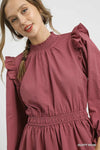 Textured Midi Dress with Ruffle Shoulder Detail, Dusty Rose-The Textured Midi Dress with Ruffle Shoulder Detail is a sophisticated and elegant choice for any occasion. With its unique textured fabric and ruffle shoulders.-Reef Love