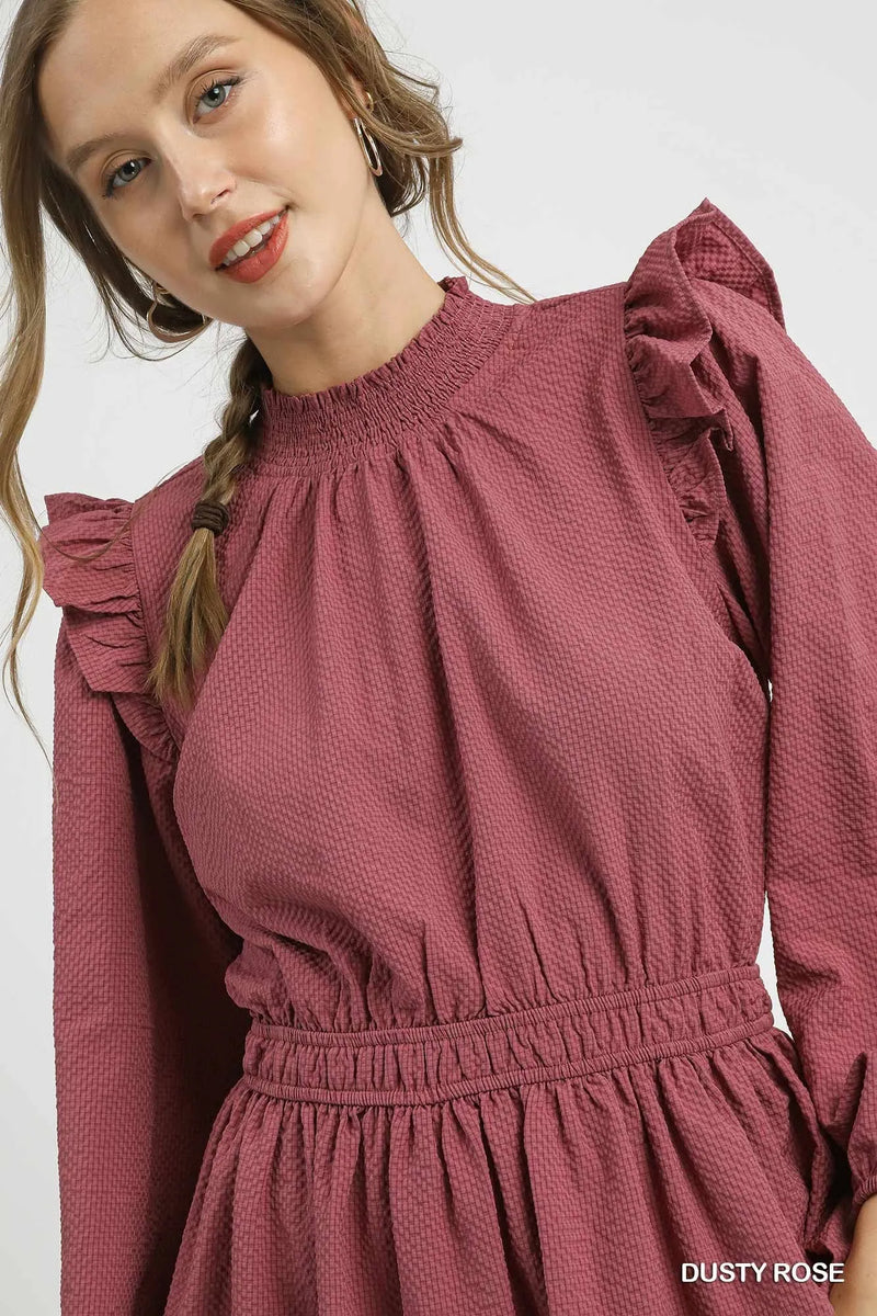 Textured Midi Dress with Ruffle Shoulder Detail, Dusty Rose-The Textured Midi Dress with Ruffle Shoulder Detail is a sophisticated and elegant choice for any occasion. With its unique textured fabric and ruffle shoulders.-Reef Love