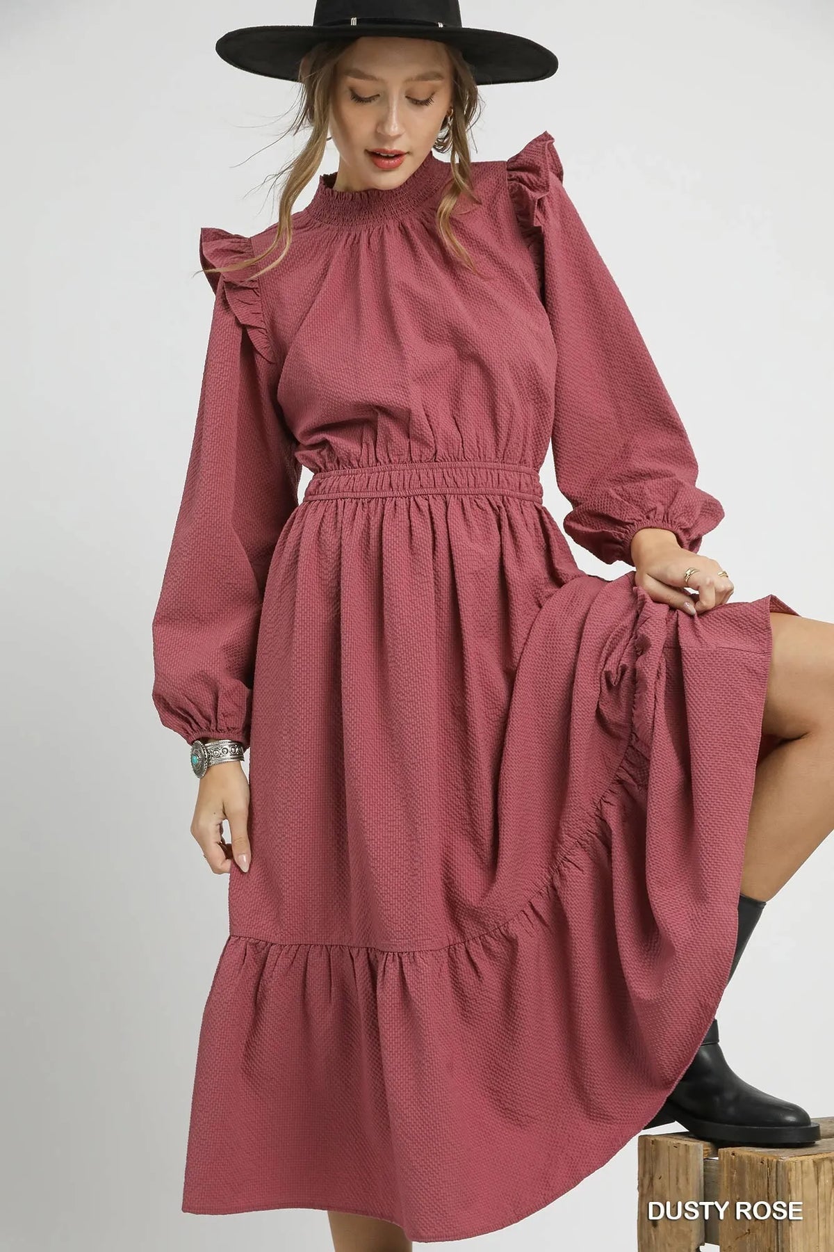 Textured Midi Dress with Ruffle Shoulder Detail, Dusty Rose-The Textured Midi Dress with Ruffle Shoulder Detail is a sophisticated and elegant choice for any occasion. With its unique textured fabric and ruffle shoulders.-Reef Love