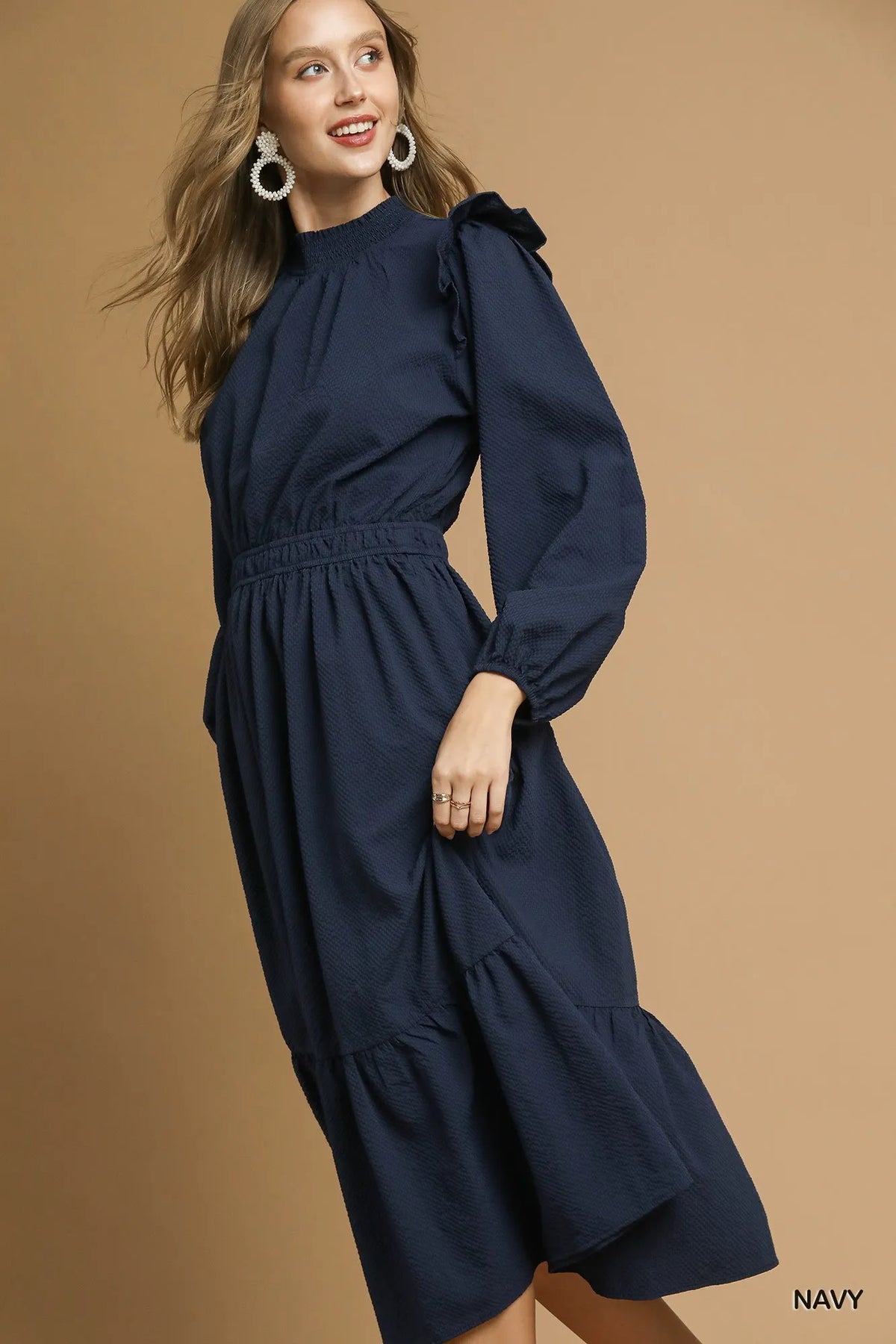 Textured Midi Dress with Ruffle Shoulder Detail, Navy-Textured Midi Dress with Ruffle Shoulder Detail is a sophisticated and elegant choice for any occasion. unique textured fabric and delicate ruffle shoulders.-Reef Love