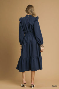 Textured Midi Dress with Ruffle Shoulder Detail, Navy-Textured Midi Dress with Ruffle Shoulder Detail is a sophisticated and elegant choice for any occasion. unique textured fabric and delicate ruffle shoulders.-Reef Love