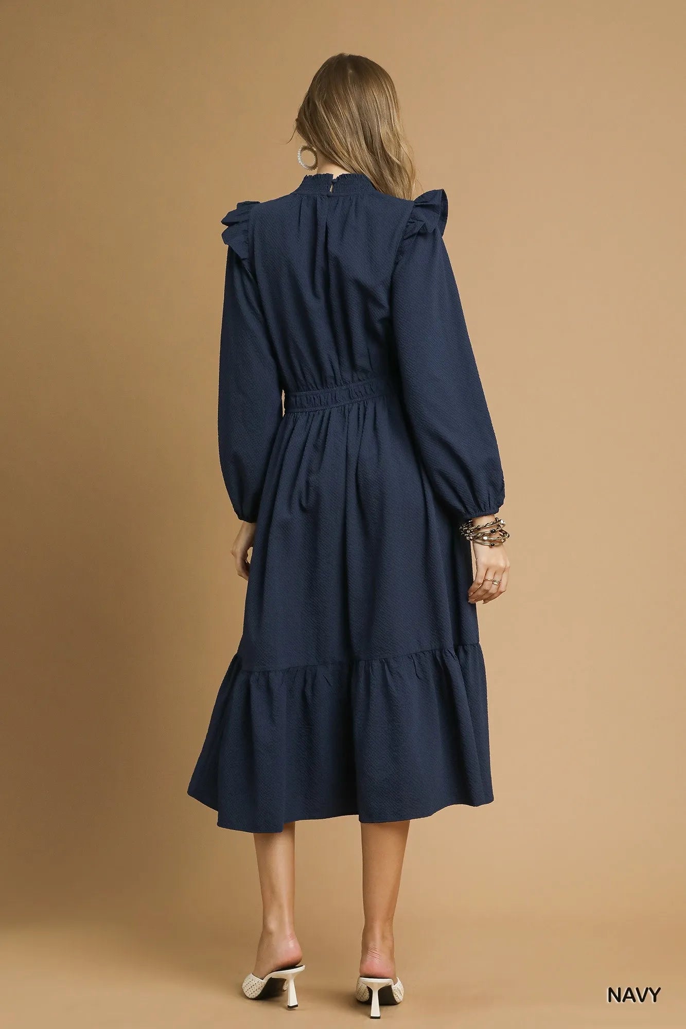 Textured Midi Dress with Ruffle Shoulder Detail, Navy-Textured Midi Dress with Ruffle Shoulder Detail is a sophisticated and elegant choice for any occasion. unique textured fabric and delicate ruffle shoulders.-Reef Love