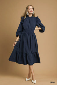 Textured Midi Dress with Ruffle Shoulder Detail, Navy-Textured Midi Dress with Ruffle Shoulder Detail is a sophisticated and elegant choice for any occasion. unique textured fabric and delicate ruffle shoulders.-Reef Love