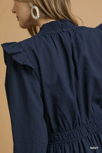 Textured Midi Dress with Ruffle Shoulder Detail, Navy-Textured Midi Dress with Ruffle Shoulder Detail is a sophisticated and elegant choice for any occasion. unique textured fabric and delicate ruffle shoulders.-Reef Love