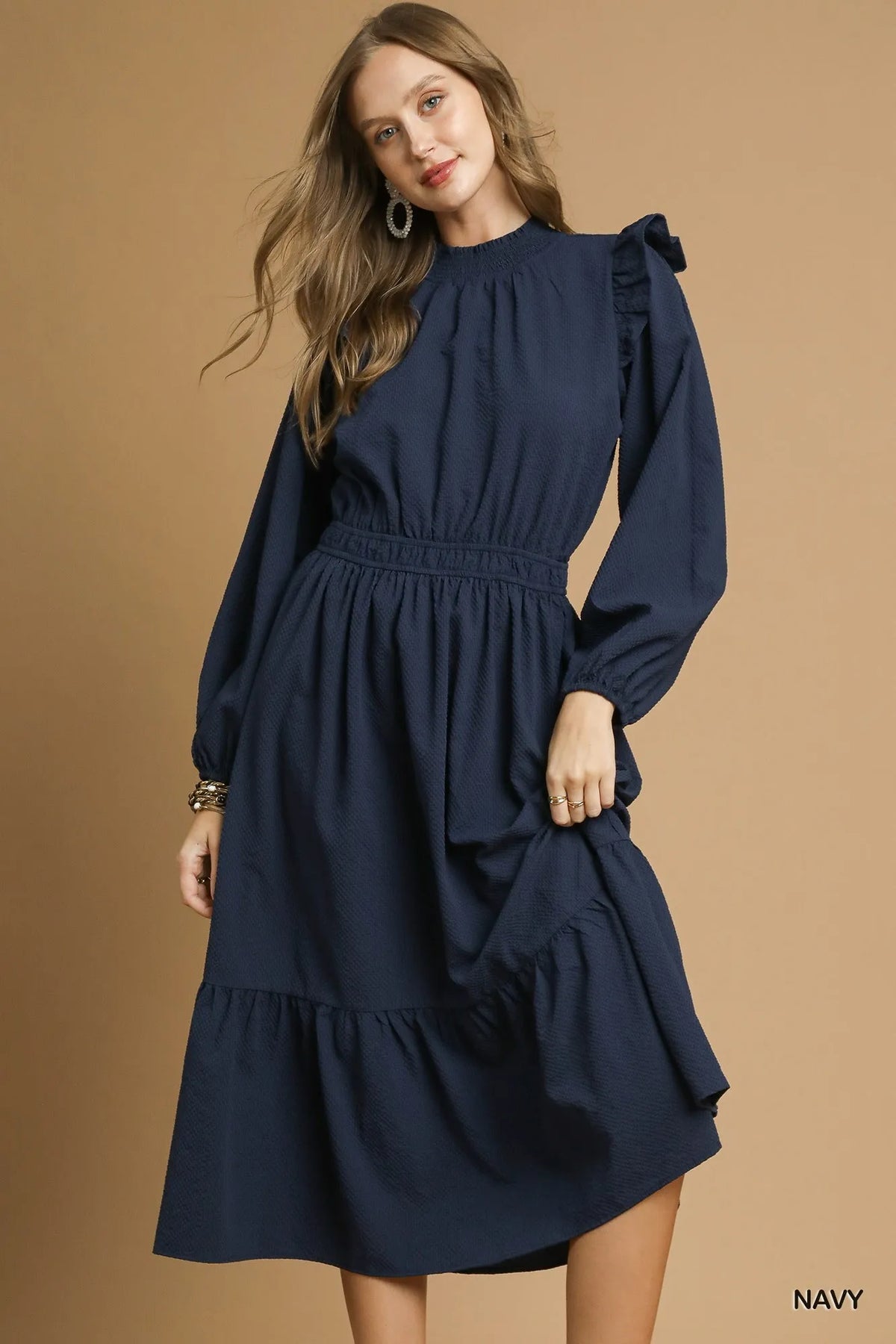 Textured Midi Dress with Ruffle Shoulder Detail, Navy-Textured Midi Dress with Ruffle Shoulder Detail is a sophisticated and elegant choice for any occasion. unique textured fabric and delicate ruffle shoulders.-Reef Love