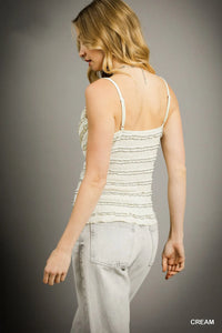 Shop Textured Ruffle Trim Smocked Cami Tank Top-Cream smocked cami with ruffle trim and textured stripes. Feminine, flattering, and easy to style—perfect for summer looks or layering year-round.-available at Reef Love online boho-chic boutique