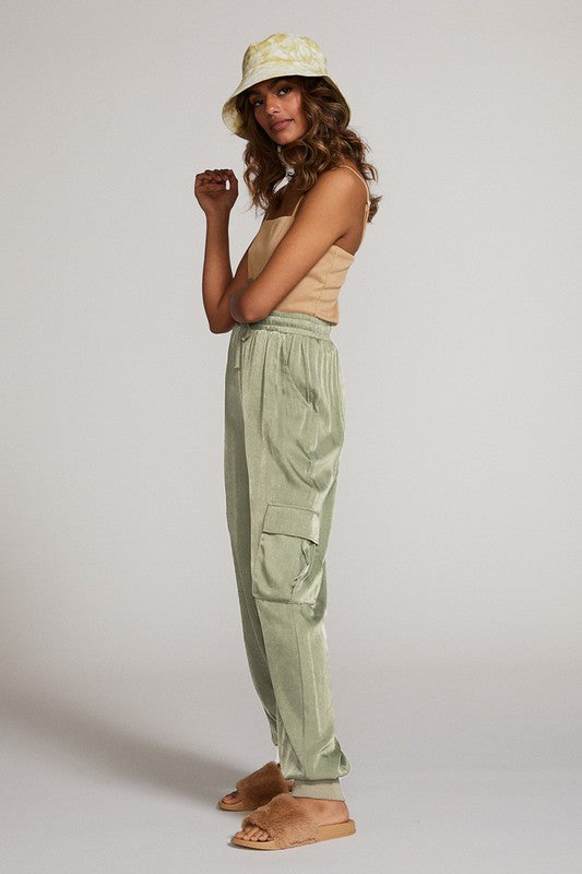 Textured Satin Cargo pPants-Textured satin cargo pants with pockets, ribbed cuffs, and elastic waist. Dress them up or down for effortless everyday edge and comfort.-Reef Love