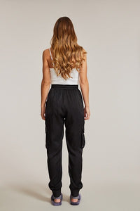 Textured Satin Cargo pPants-Textured satin cargo pants with pockets, ribbed cuffs, and elastic waist. Dress them up or down for effortless everyday edge and comfort.-Reef Love