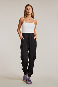 Textured Satin Cargo pPants-Textured satin cargo pants with pockets, ribbed cuffs, and elastic waist. Dress them up or down for effortless everyday edge and comfort.-Reef Love