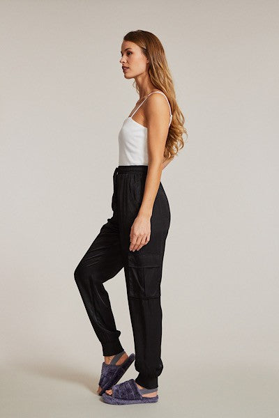 Textured Satin Cargo pPants-Textured satin cargo pants with pockets, ribbed cuffs, and elastic waist. Dress them up or down for effortless everyday edge and comfort.-Reef Love
