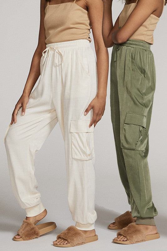 Textured Satin Cargo pPants-Textured satin cargo pants with pockets, ribbed cuffs, and elastic waist. Dress them up or down for effortless everyday edge and comfort.-Reef Love
