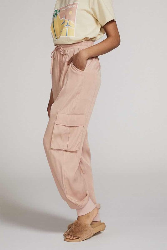 Textured Satin Cargo pPants-Textured satin cargo pants with pockets, ribbed cuffs, and elastic waist. Dress them up or down for effortless everyday edge and comfort.-Reef Love
