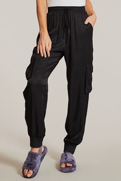 Textured Satin Cargo pPants-Textured satin cargo pants with pockets, ribbed cuffs, and elastic waist. Dress them up or down for effortless everyday edge and comfort.-Reef Love