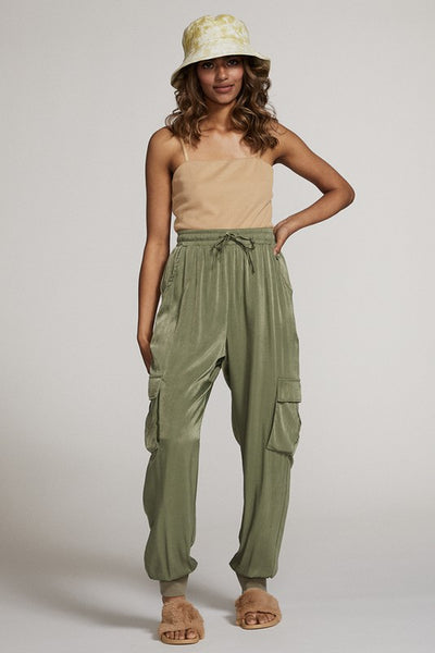 Textured Satin Cargo pPants-Textured satin cargo pants with pockets, ribbed cuffs, and elastic waist. Dress them up or down for effortless everyday edge and comfort.-Reef Love