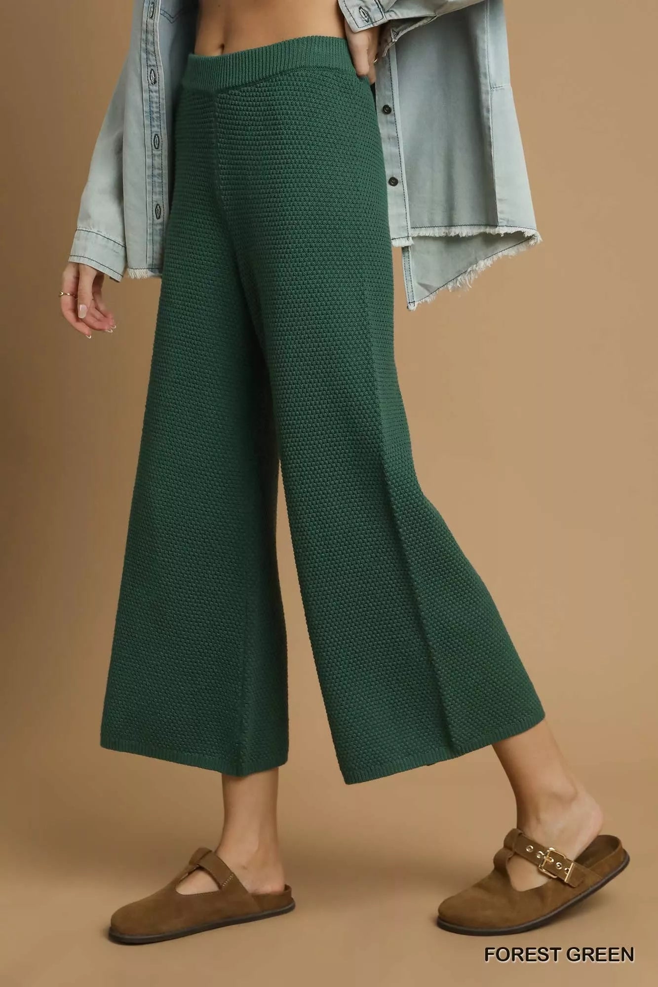Textured Sweater Knit Wide Leg Pants, Green