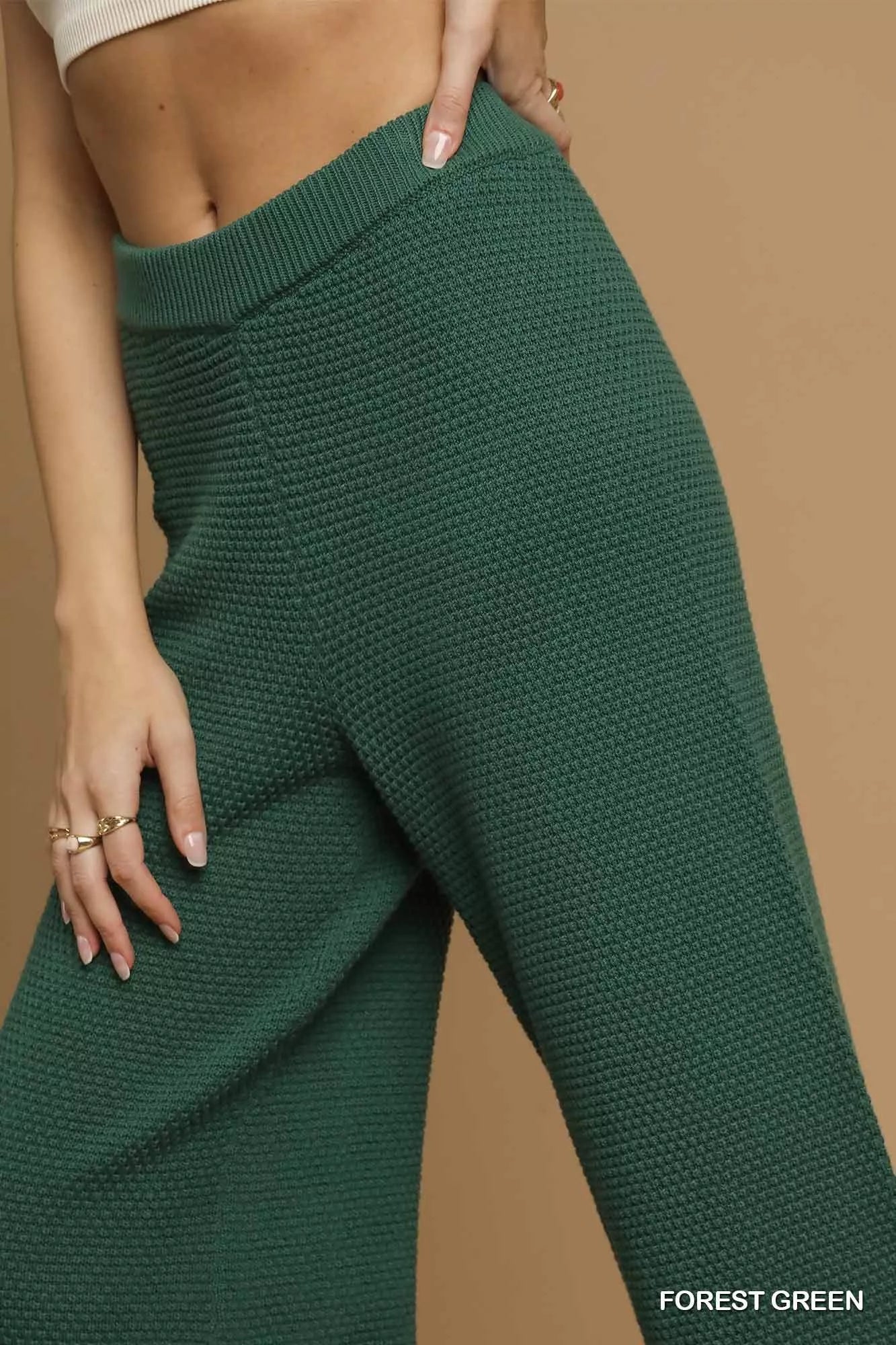 Textured Sweater Knit Wide Leg Pants, Green