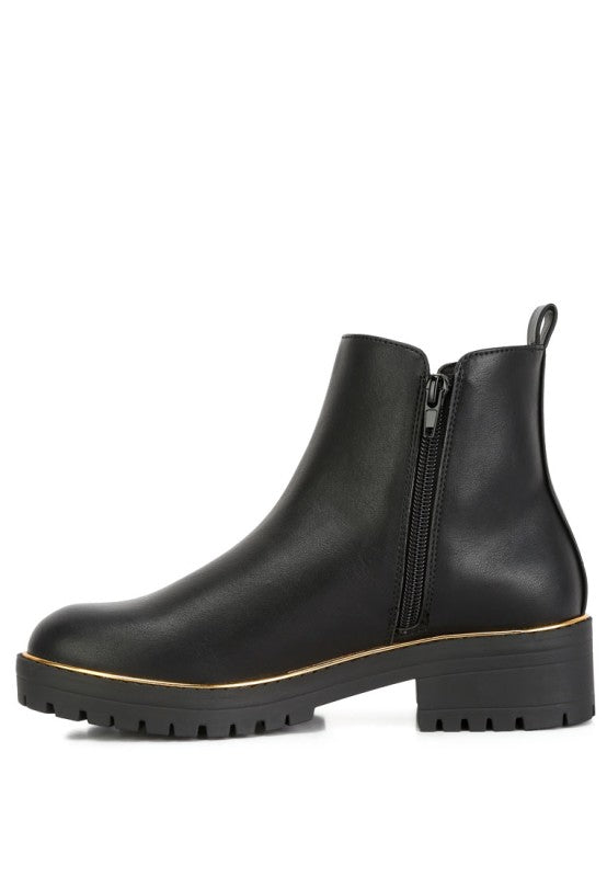 Thorin Metallic Frame Block Heel Boots-Thorin metallic frame block heel boots by London Rag. Ankle boots with zipper closure, lug sole & edgy metallic accents. Chic everyday or night-out style.