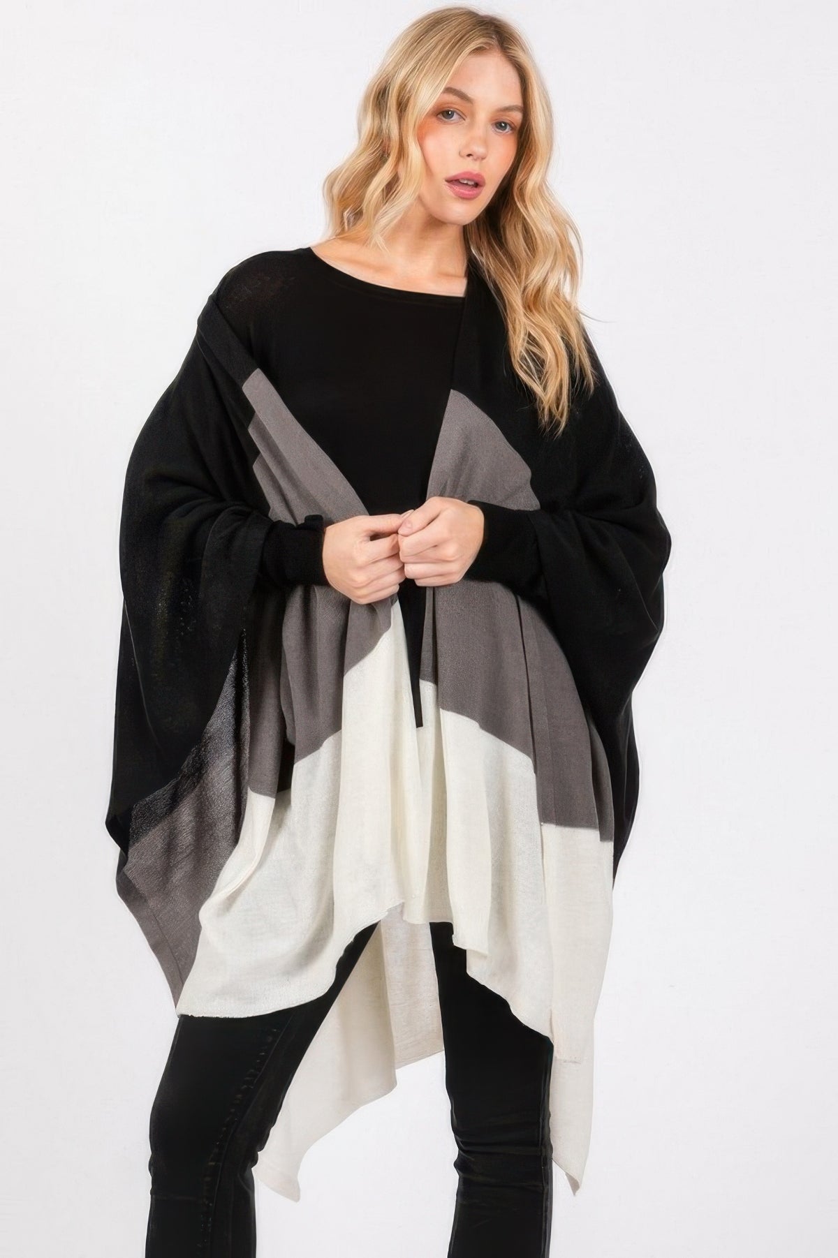 Three Tones Ruana-Three Tones Ruana with open-front draped fit. Soft acrylic knit with tri-tone neutral design for versatile, effortless layering in every season.-Reef Love