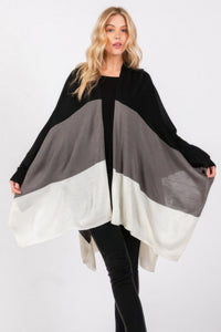 Three Tones Ruana-Three Tones Ruana with open-front draped fit. Soft acrylic knit with tri-tone neutral design for versatile, effortless layering in every season.-Reef Love